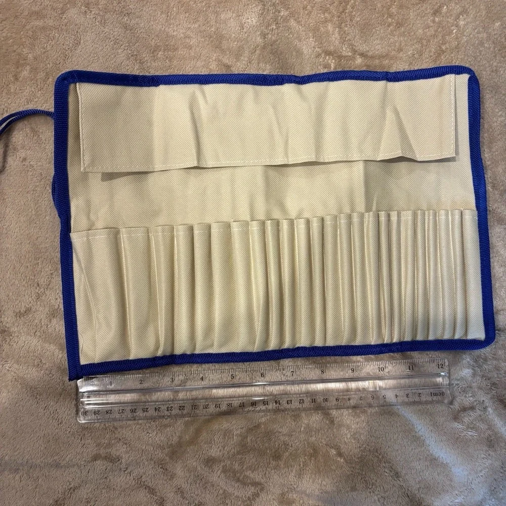 Canvas Paint Brush Roll Up Case Artist Organizer Beige Blue Trim Multi Pocket